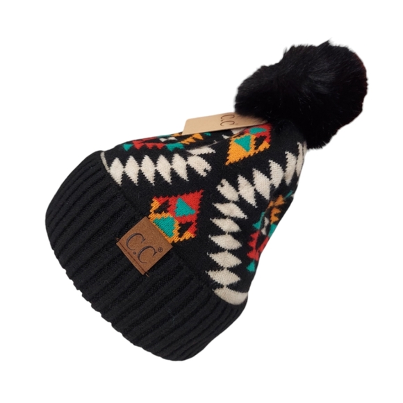 New Beanie Hat Womens Black Knit Hat Winter Beanie Warm Faux Fur Pompom - Picture 3 of 11